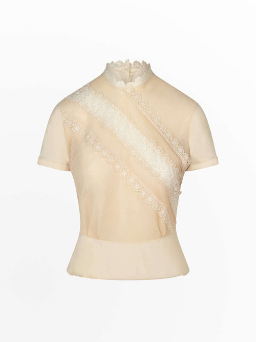 1950's Shear Pleated Top with Scalloped Lace detail
