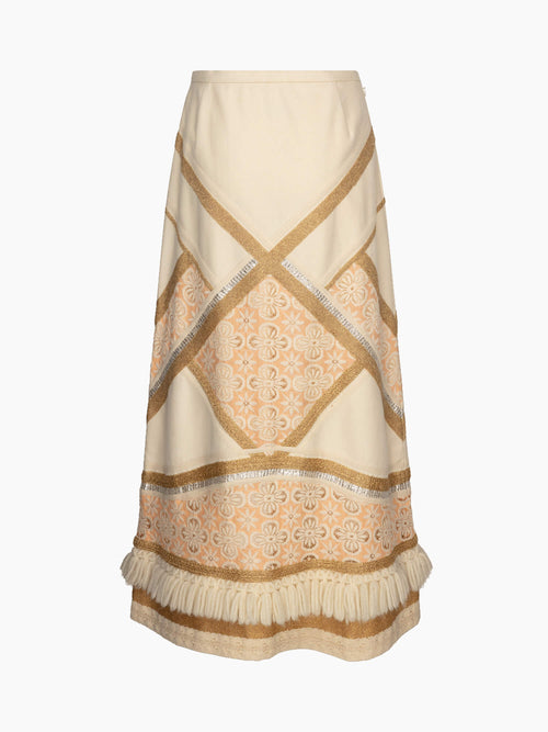 1970's Hauser Wodell Wool Maxi Skirt with Lace and Metallic Lurex Detail