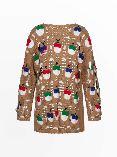 1990's Hand Crochet Teddy Bear Cotton Lace Sweater